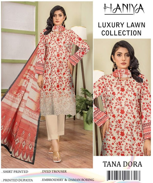 Haniya ✨ 3 Piece Digital Printed Doriya Shirt With Front Shifli Boring Daman Chickenkari/unstitched Suit New Collection For Womens
