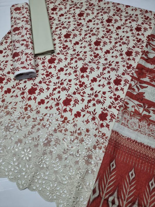 Haniya ✨ 3 Piece Digital Printed Doriya Shirt With Front Shifli Boring Daman Chickenkari/unstitched Suit New Collection For Womens